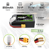 2× OVONIC 11,1V 80C 850mAh 3S LiPo-Akku mit XT60-Stecker für 3 bis 5 Zoll FPV-Drohnen